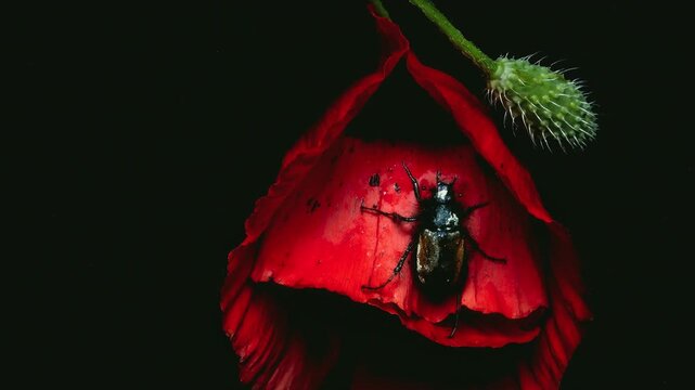 Macro Video. Phyllopertha Horticola and tulip. A dead insect on a red tulip.