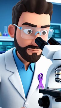 Doctor using microscope with purple awareness ribbon attached.