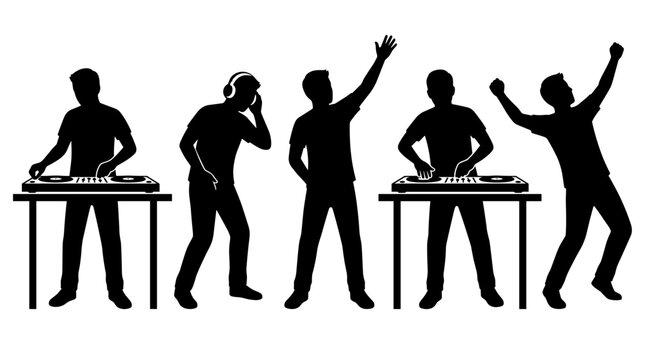 Silhouette of DJs performing at a party with turntables and dancing crowd