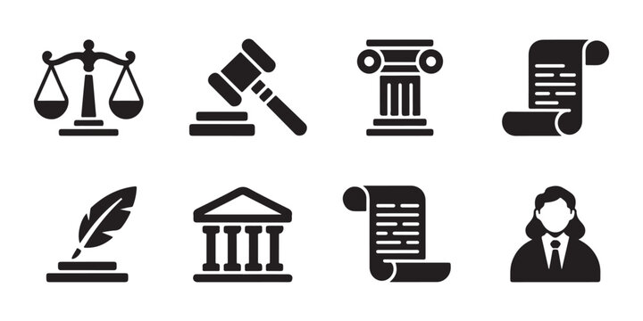 Law and justice icons set featuring scale gavel pillar scroll pen building and business woman.