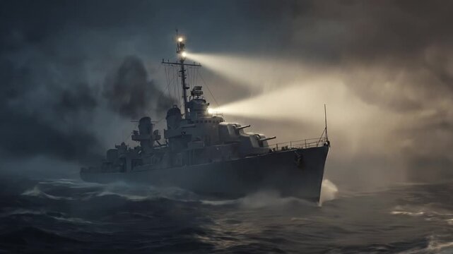 Naval destroyer cuts through stormy sea at night, spotlights illuminating its path through dark waves.