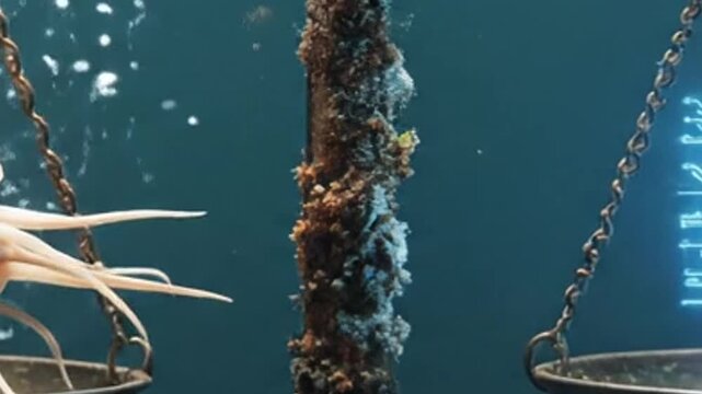 Submerged vintage balance scale underwater with rising air bubbles and marine growth.