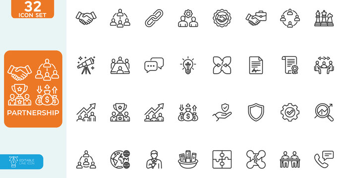 Partnership Vector illustration line editable Icons set. Collection of Collaboration, including agreement, plan, teamwork, synergy, success and win-win solution, cooperative and more.