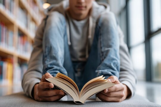 Young student reading an open book while sitting in a modern library