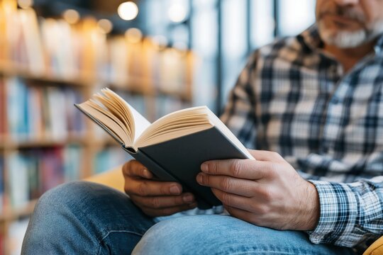 Mature man reading a book in a cozy library with blurred bookshelves