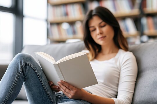 Young woman reading a book while relaxing on a comfortable grey sofa