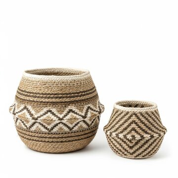 Handwoven Natural Storage Baskets Set Isolated on White Background