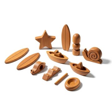 Wooden Miniature Toy Collection with Boat Surfboard and Snail Isolated