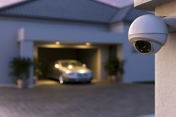 Fototapeta premium CCTV security camera mounted on a wall. Modern dome surveillance system for home safety.