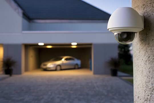 CCTV dome camera mounted on house wall. Security surveillance system monitoring home garage.