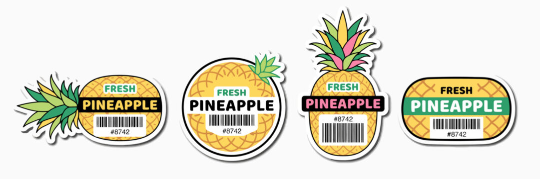 Set of four fresh pineapple stickers with barcodes and green leaves design