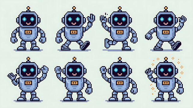8-bit pixel art cute robot character action set