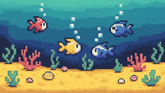 8-bit pixel art underwater with fish and sand background illustration 