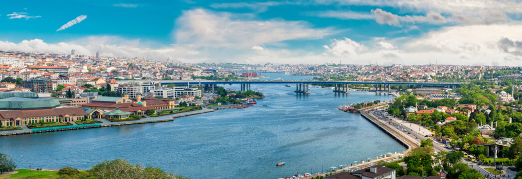 panoramic aerial view of Golden Horn and Hali&ccedil; Bridge with Halic Congress Center in İstanbul, Turkey