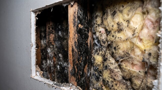 Black mold growing on insulation and wood inside wall cavity