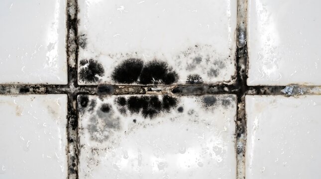 Black mold and mildew on white bathroom tile grout