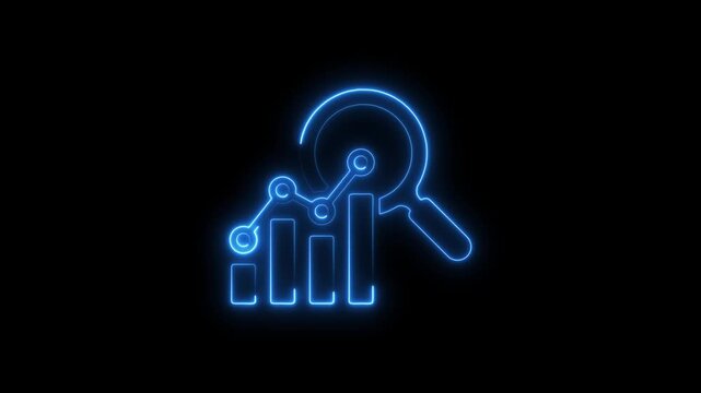 glowing neon business data graph bar analysis by magnifying glass icon. business growth concept animation magnifying glass with data analysis icon. 4k video animation.