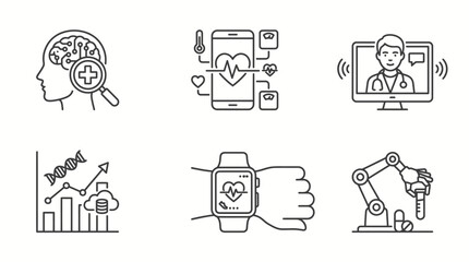Fototapeta premium Collection of six outline vector icons representing modern healthcare, medical technology, digital health solutions, and scientific research advancements in a comprehensive grid layout