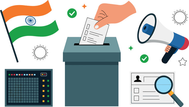 Art & IllustrationIndia Election Vector Concept Set with National Flag Hand Inserting Ballot Paper into Box Megaphone Electronic Voting Machine and ID Verification Document