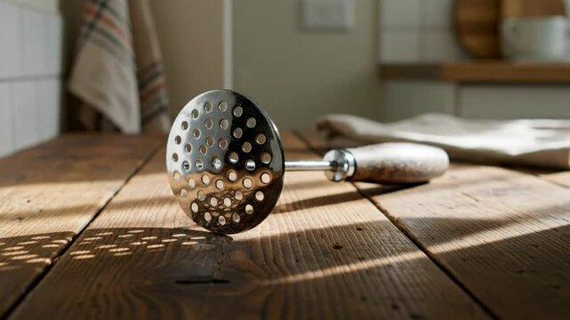 Close-up of a potato masher resting on a wooden table in a bright kitchen setting during the day