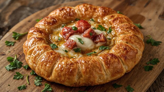 1987 cheese and ham stuffed bread ring with fresh parsley on wooden board