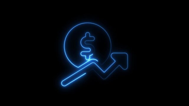  Neon line of Dollar sign with up arrow icon on black background. Abstract neon line business graph animation.