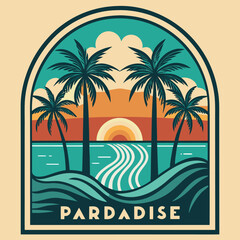 Fototapeta premium Tropical Summer Beach Background with Palm Trees Ocean Sunset and Sandy Island Paradise Vector Illustration for Travel Vacation Holiday Design