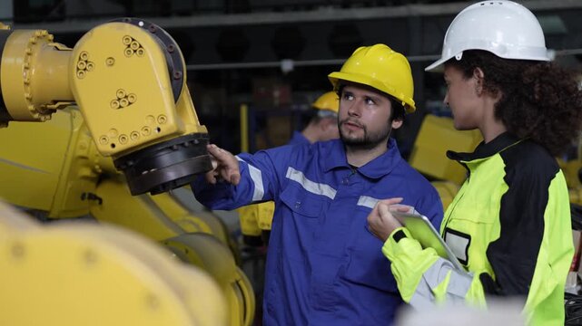 Engineers discussing robotic arm operation in industrial factory, Male and female technicians collaborating on automated machinery, Workers talking about robotic manufacturing equipment in plant