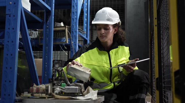 Female technician holding electronic component and tablet in warehouse, Industrial engineer checking electrical equipment in factory plant, Woman worker inspecting electronic parts with digital tablet