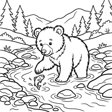 Cute bear cub catching a fish in a stream illustration style coloring page