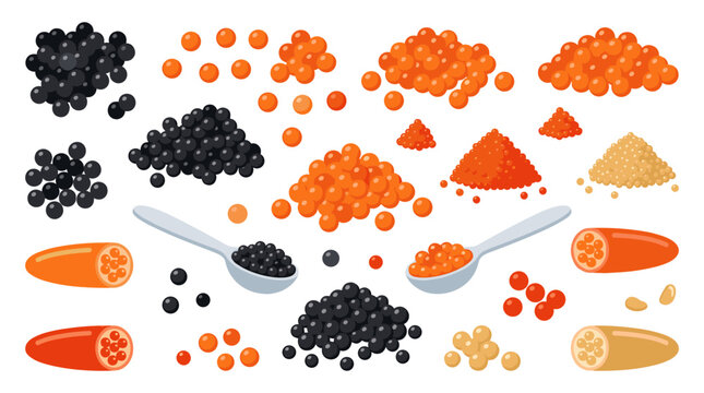 Set of black and red caviar piles, serving spoons, sushi ingredients, gourmet seafood delicacy, restaurant menu illustration, luxury food texture