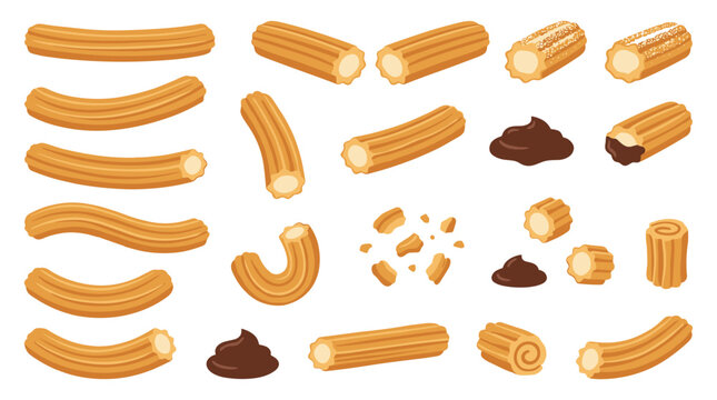 Set of churros in various shapes with chocolate dipping sauce and crumbs, delicious sweet fried dough pastry for bakery menu and food illustration