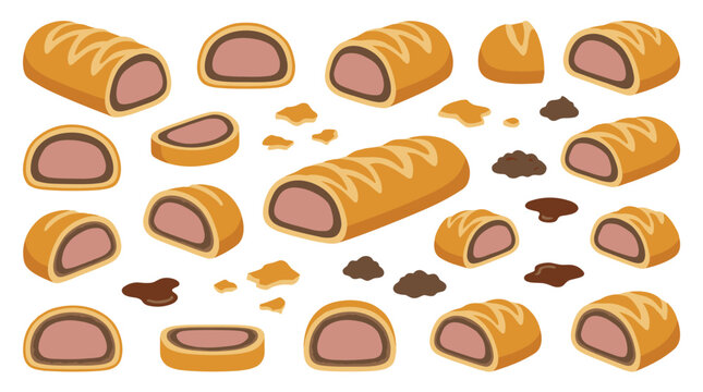 Set of fresh sausage rolls and pastry slices, delicious baked snacks, savory food elements for menu design and culinary illustrations