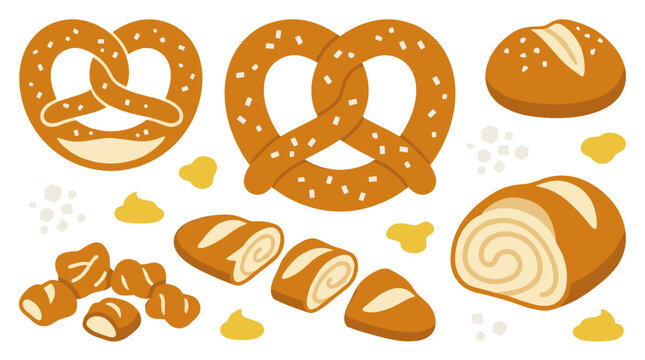 Set of fresh bakery items including pretzels, crusty bread rolls, and sliced baguette pieces, flat vector illustration for food menu design