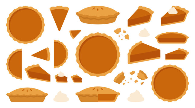 Set of autumn pumpkin pies, whole and sliced with whipped cream topping, baked dessert icons for thanksgiving holiday menu design and festive