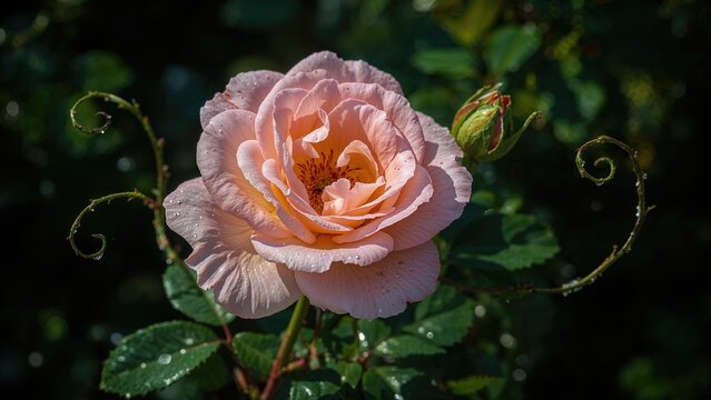 A pink rose in full bloom with green leaves and curling tendrils, labeled 2052.