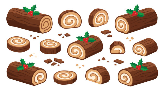 Set of chocolate yule log cake slices and whole logs decorated with holly berries and leaves, traditional christmas holiday dessert, sweet treats