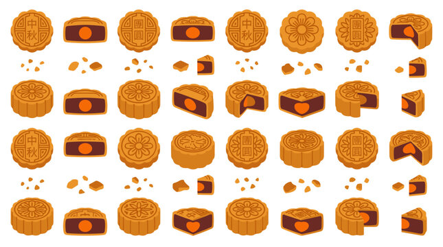 Set of mooncake illustrations with various views and cross sections, traditional asian pastry for mid autumn festival celebration, orange food