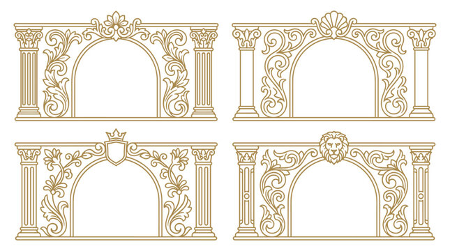 Set of four victorian baroque arch frames with ornate floral flourishes and classic columns, elegant gold border elements for luxury invitations