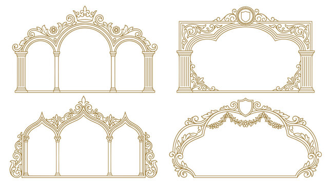Set of four victorian baroque frames with ornate floral flourishes and classic architectural arch elements, elegant border templates for luxury