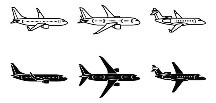 Minimalist airplane icon set, collection of 6 commercial aircraft vector silhouettes, black and white passenger plane line art for travel design