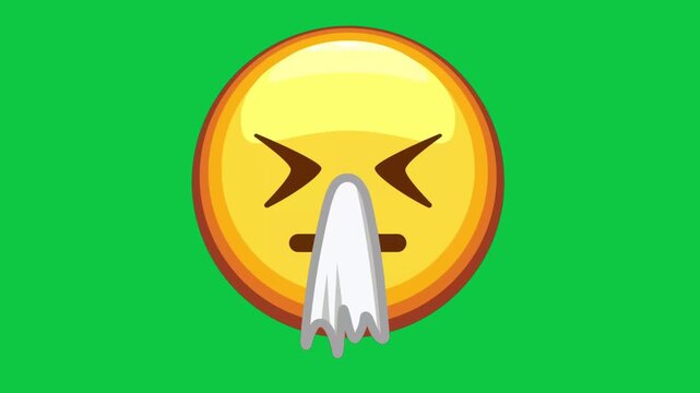 Sick sneezing emoji animation with tissue blowing nose on green background allergy cold expression