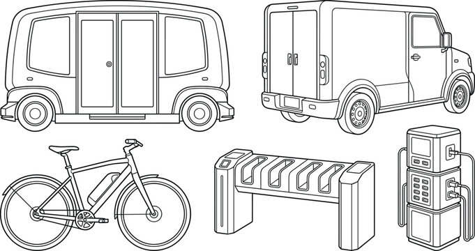 Electric mobility line art vector set featuring autonomous shuttle, delivery van, e-bike, and vehicle charging station isolated.