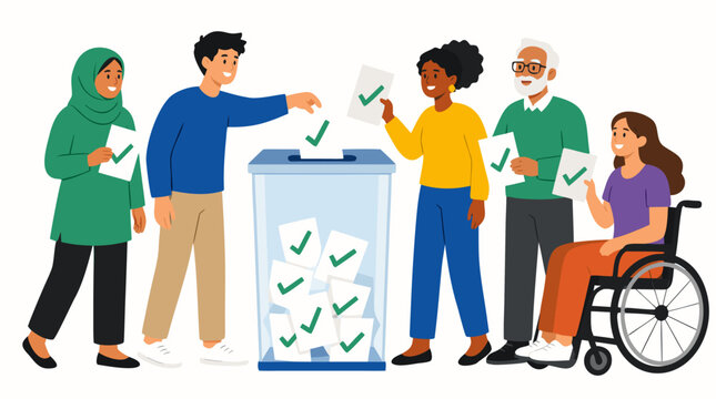 Diverse multicultural voters casting ballots into transparent election box, inclusive democracy representation with checkmark papers, bold flat illustration style