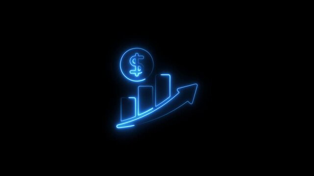  Neon line of Dollar sign with up arrow icon on black background. Abstract neon line business graph animation.