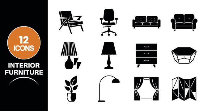 A collection of twelve black silhouette icons representing various pieces of interior furniture and home decor items for modern apartment interior design projects