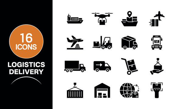 Set of eighteen black and white logistics and delivery icons representing various transportation methods shipping services warehouse operations and global supply chain management solutions