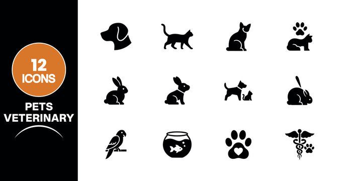 A collection of twelve black silhouette icons representing various domestic pets and veterinary care symbols for professional animal clinic branding and design projects