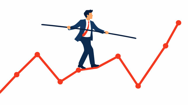 Professional businessman tightrope walker balancing precariously on volatile red stock market chart line, holding pole for stability amid financial uncertainty and market volatility