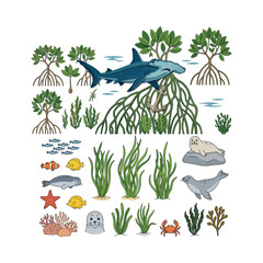 Obraz premium Hand drawn set of various marine life and sea animals with mangrove trees and underwater aquatic plants in a vibrant flat vector illustration style
